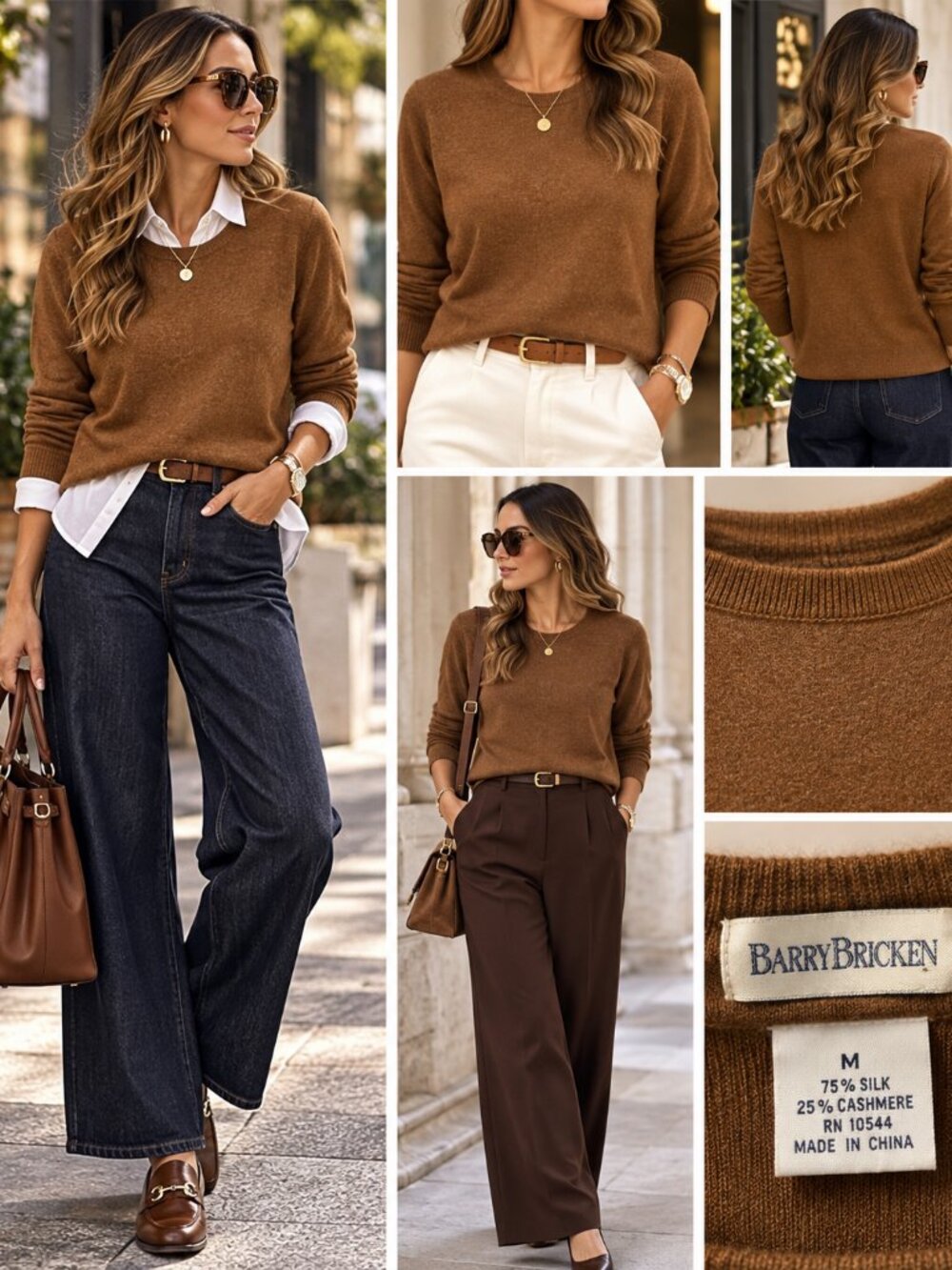 Barry Bricken Silk Cashmere Sweater M Brown Camel Crewneck